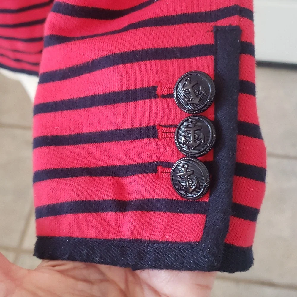 💐 TALBOTS Nautical Striped Knit Blazer Jacket Red Navy XS Petite Anchor Button - Picture 11 of 12
